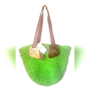 Straw Studios Woven Straw Wicker Summer Mint Green Tote Bag